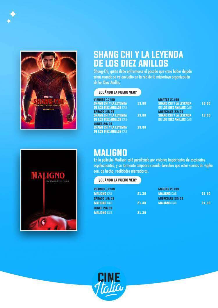 Cartelera del Cine Italia para este fin de semana