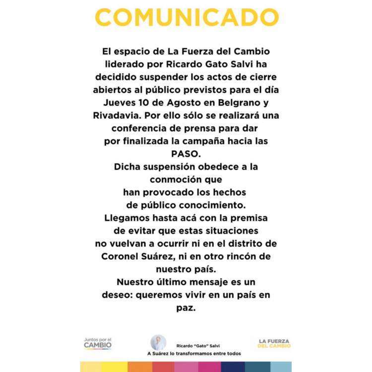 Suspensión del acto de cierre de campaña de la lista encabezada por Ricardo "Gato" Salvi
