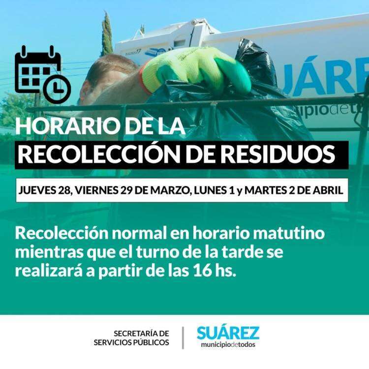 Horarios de recolección de residuos durante el fin de semana largo