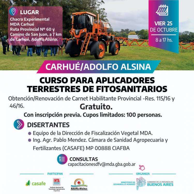 Dictarán un curso para aplicadores terrestres de fitosanitarios en Adolfo Alsina
