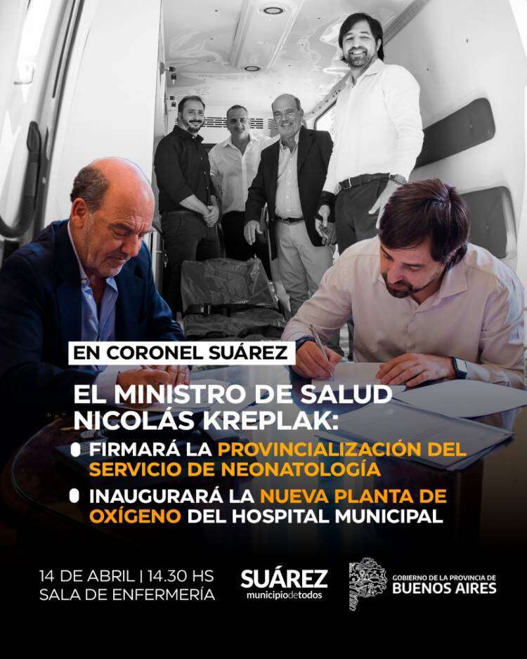Nicolás Kreplak visita Coronel Suárez para firmar la provincialización de Neonatología e inaugurar Planta de Oxígeno