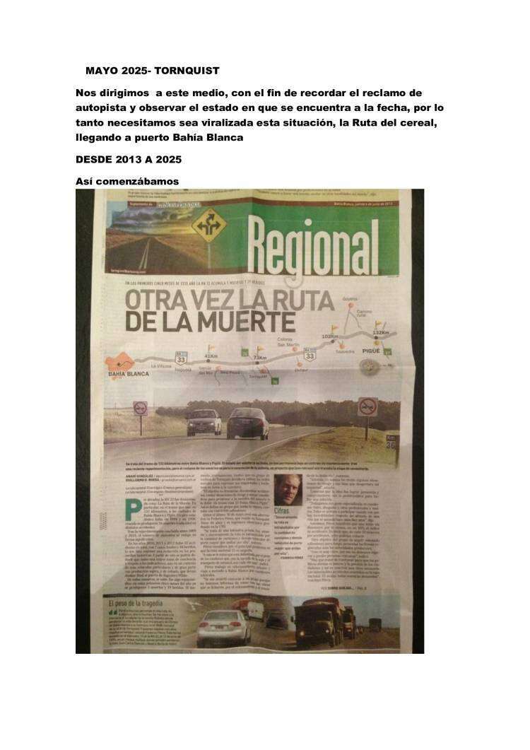 RECLAMO DE ARREGLO:  Ruta 33, Tornquist - Bahía Blanca