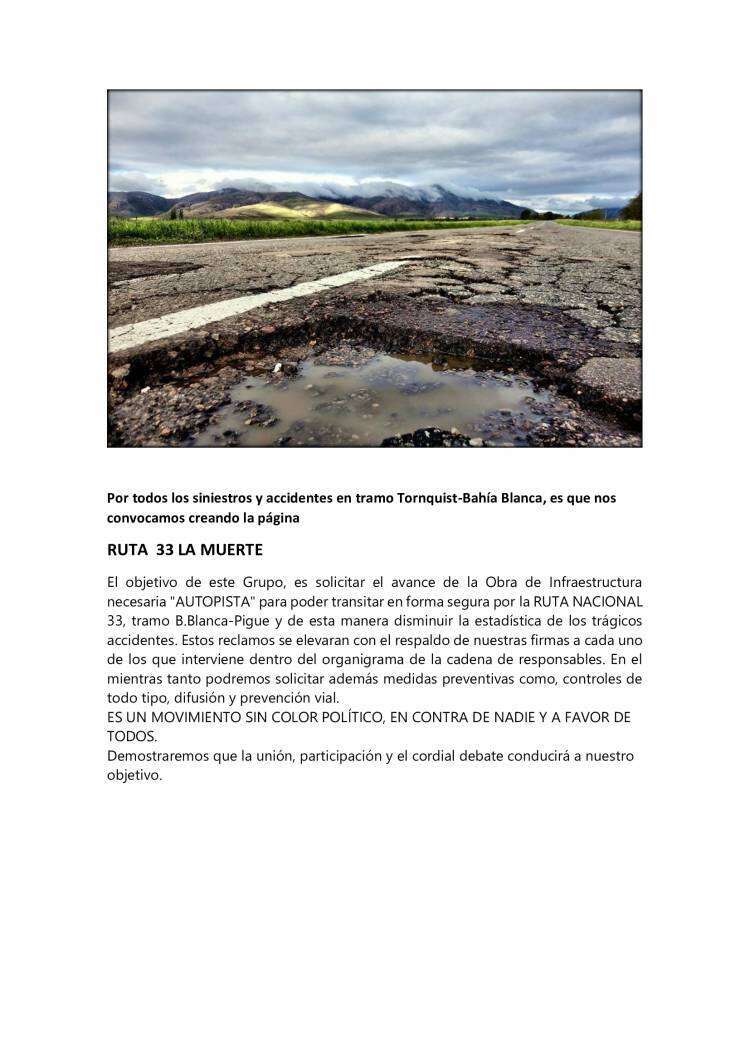 RECLAMO DE ARREGLO:  Ruta 33, Tornquist - Bahía Blanca
