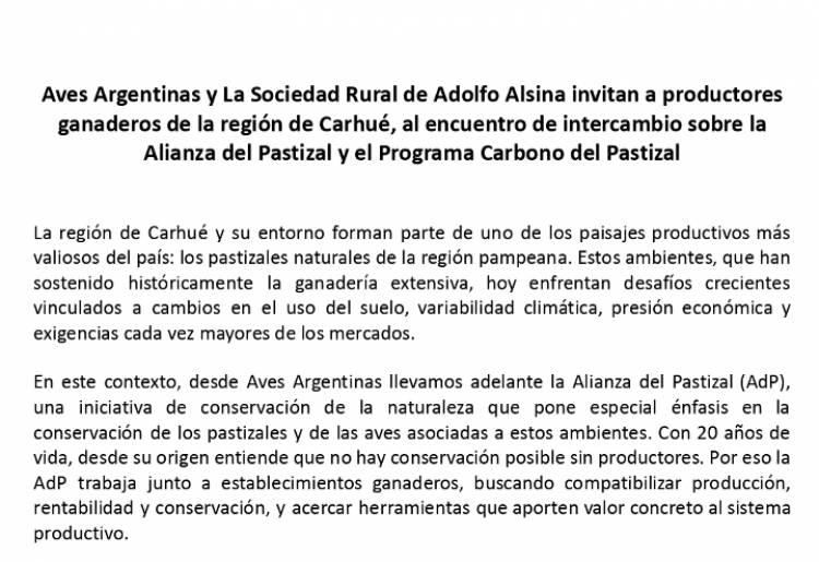 Aves Argentinas y La Sociedad Rural de Adolfo Alsina invitan a productores ganaderos de la región de Carhué, al encuentro de intercambio sobre la Alianza del Pastizal y el Programa Carbono del Pastizal