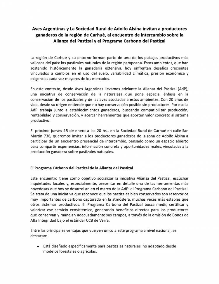 Aves Argentinas y La Sociedad Rural de Adolfo Alsina invitan a productores ganaderos de la región de Carhué, al encuentro de intercambio sobre la Alianza del Pastizal y el Programa Carbono del Pastizal