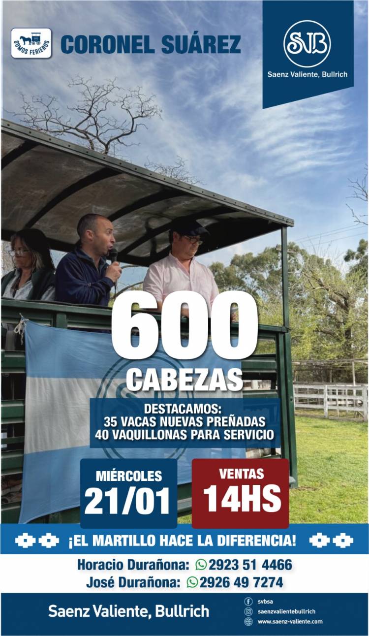 Primer remate del 2026 de Saenz Valiente Bullrich y Cia. en Coronel Suárez.