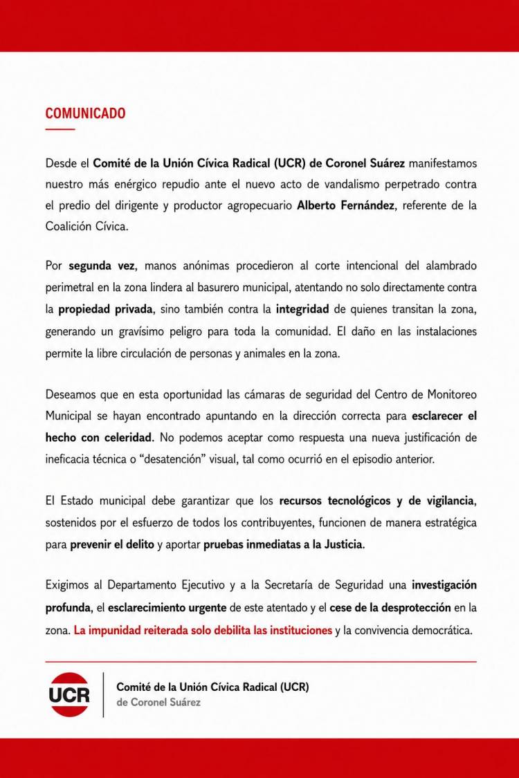 La UCR repudió un nuevo acto de vandalismo en Coronel Suárez
