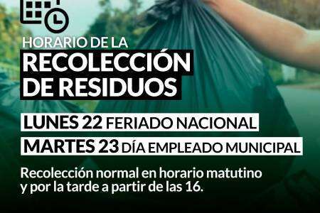 Horario de recolección de residuos durante los feriados del lunes 22 y el martes 23