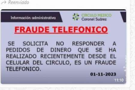 El Círculo Médico de Coronel Suárez alerta a la población sobre un FRAUDE TELEFÓNICO
