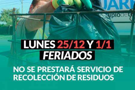 Feriados 25/12 y 1/1: el servicio de Recolección de Residuos NO SE PRESTARÁ