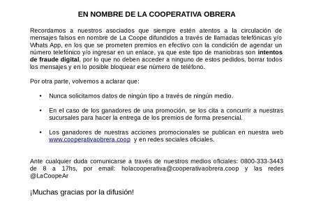 La Cooperativa Obrera alerta a la población sobre estafas en su nombre